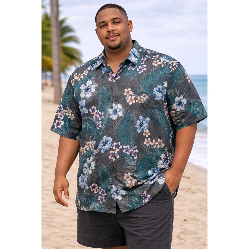 Tommy Bahama Hawaiian Shirt Mens 3XL Silk Blend Tropical Floral Palm‎ Camp
